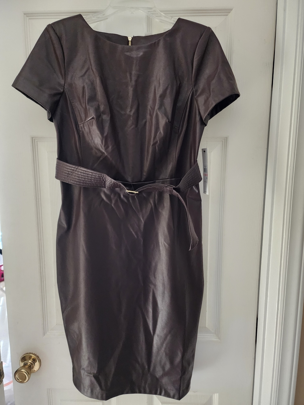 Calvin Klein Dark Brown Faux-Leather Midi Sheath Dress with Belt